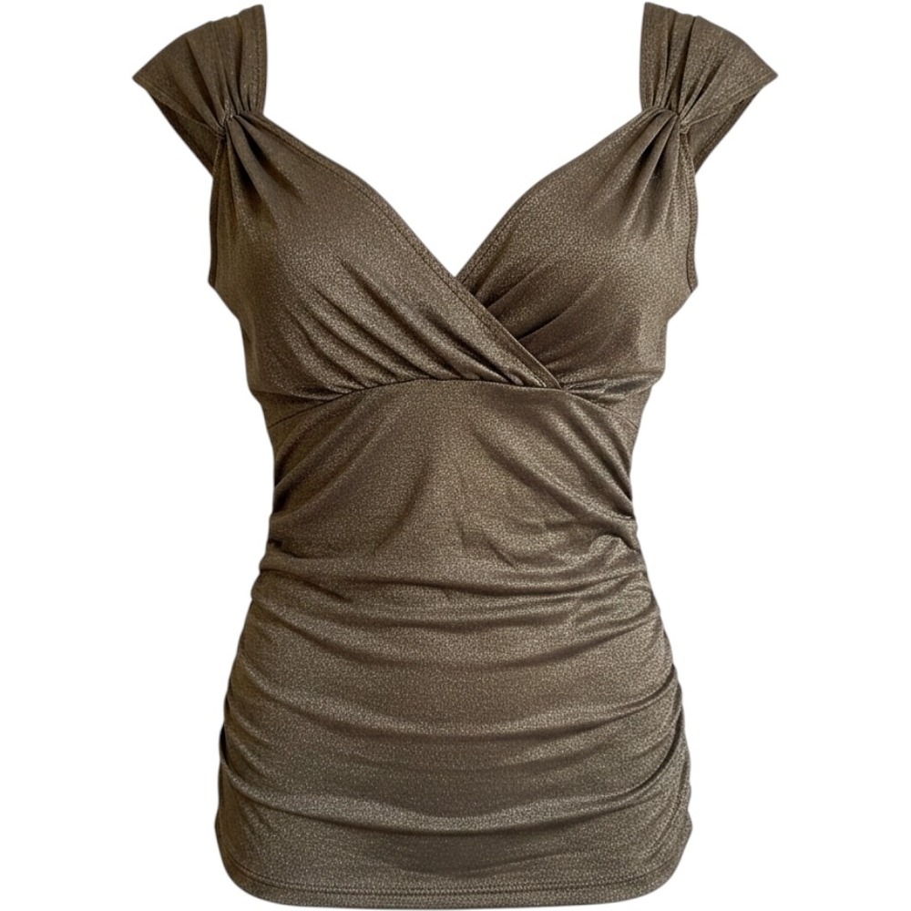 Cache Metallic Bronze Ruched Surplice V-Neck Top Y2K Club Wear Small